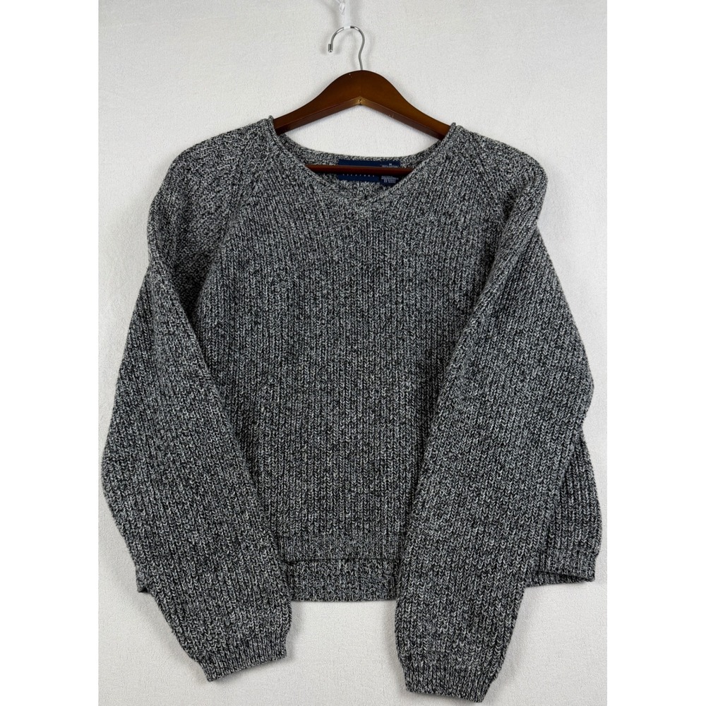 Liz Claiborne Liz Sport Gray Marled Chunky Cotton Knit V-Neck Sweater Medium
